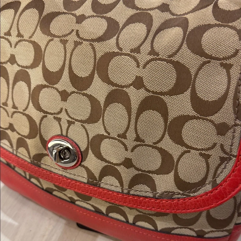 Coach Coral Red and Tan Signature Shoulder Bag
